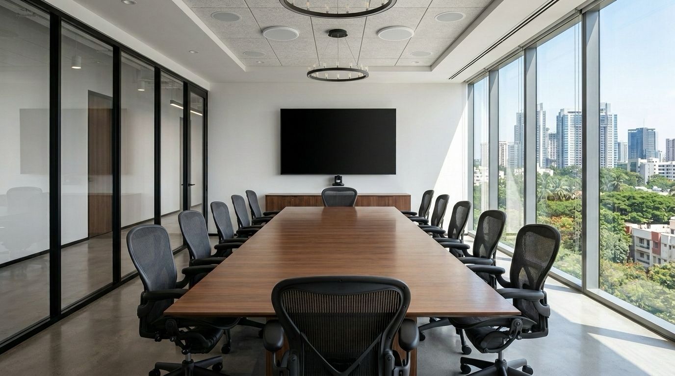 A twelve seat boardroom with a large display, a camera under it, and microphones and speakers set into the ceiling