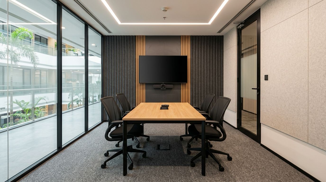 A huddle room for four, with a display and a camera bar