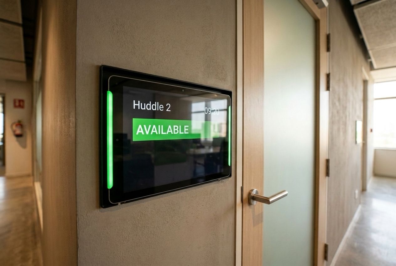 A room scheduler beside a meeting room door, its side lights green and its screen showing the room is available