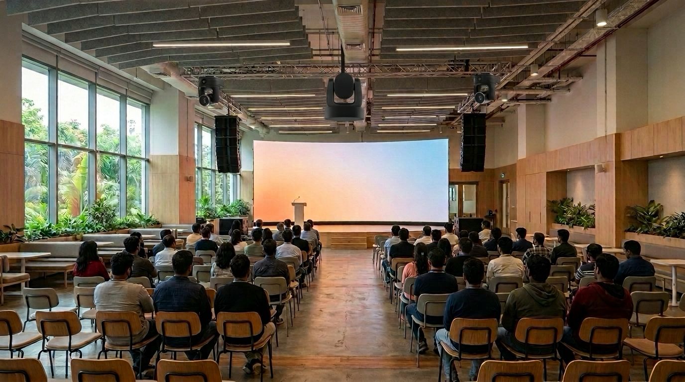 A town hall with an LED wall, line array speakers either side of the stage, and three cameras on ceiling mounts
