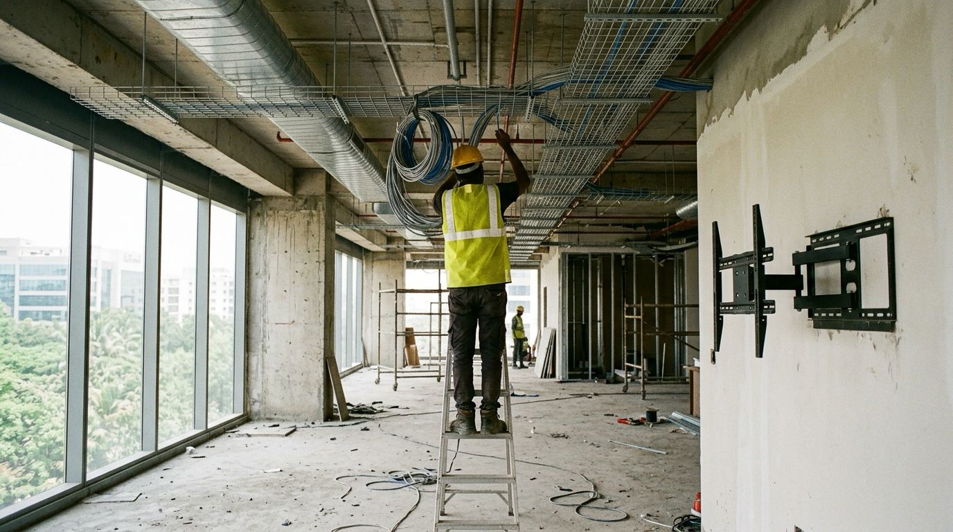 An office floor during fit-out, with an engineer pulling cable from a ladder