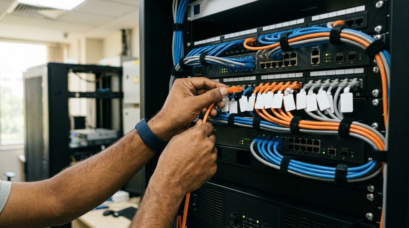 A network rack with labelled cables, a technician's hands adjusting one